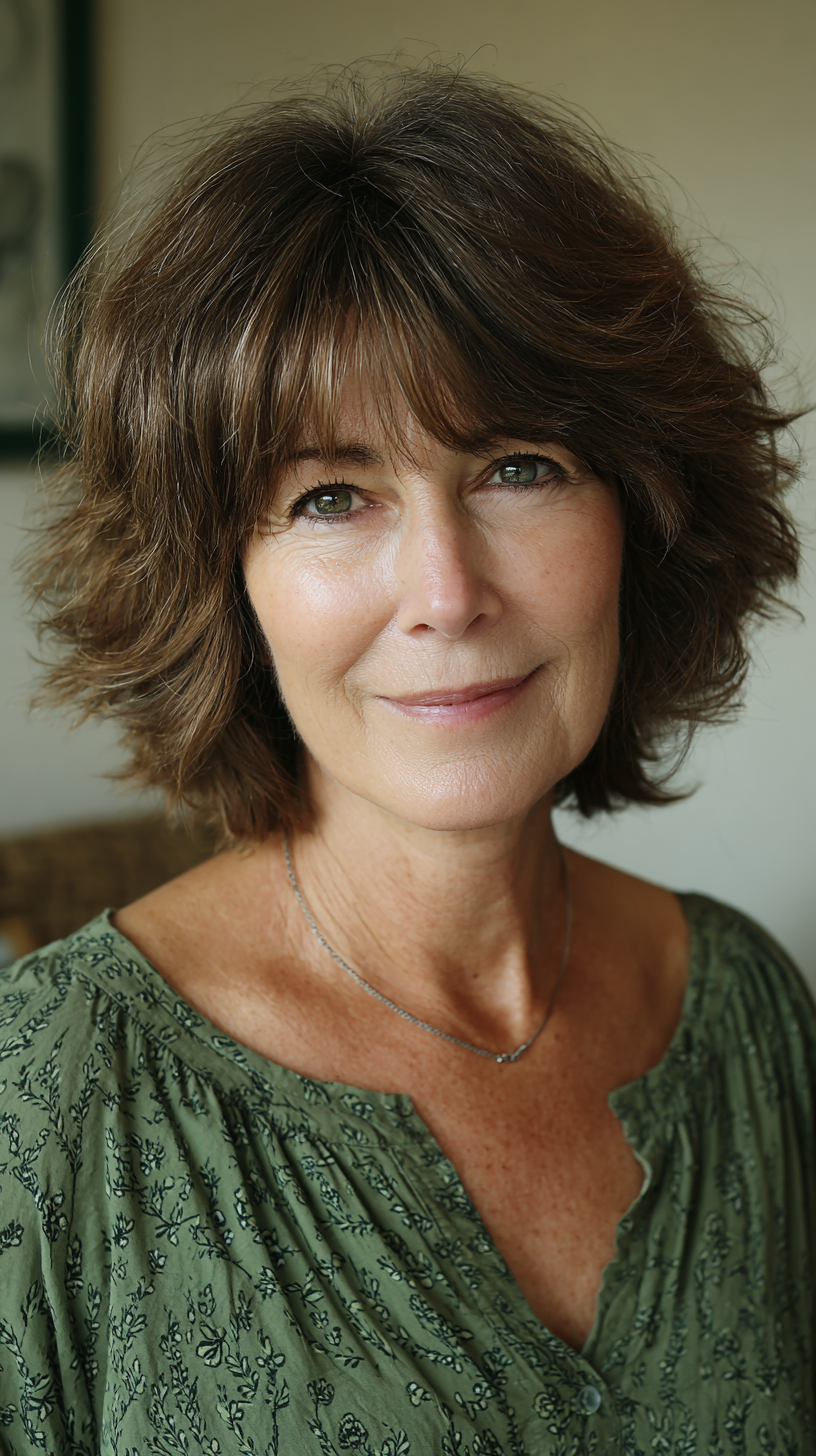 Voluminous dark brunette shag bob with wispy fringe