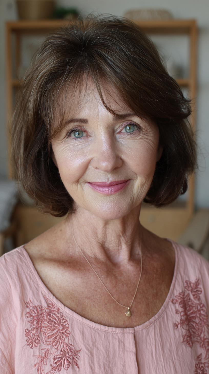 Soft layered brunette chin length bob with bangs