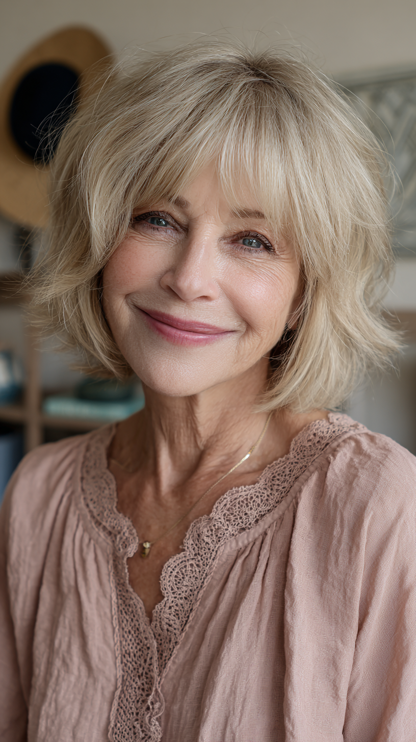 Buttery blonde piecey shaggy bob with wispy bangs