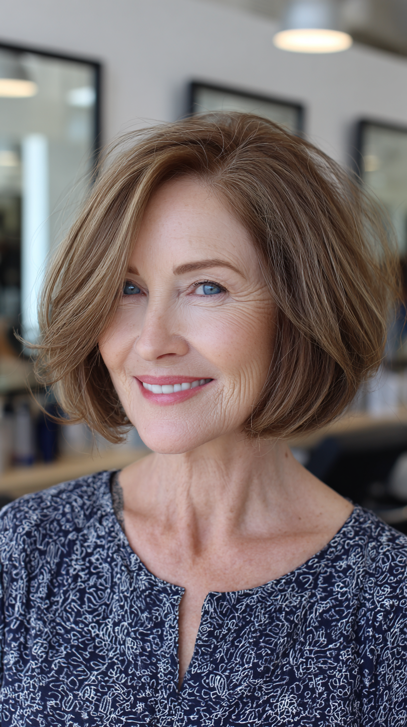 Caramel brown chin bob with side-swept layers