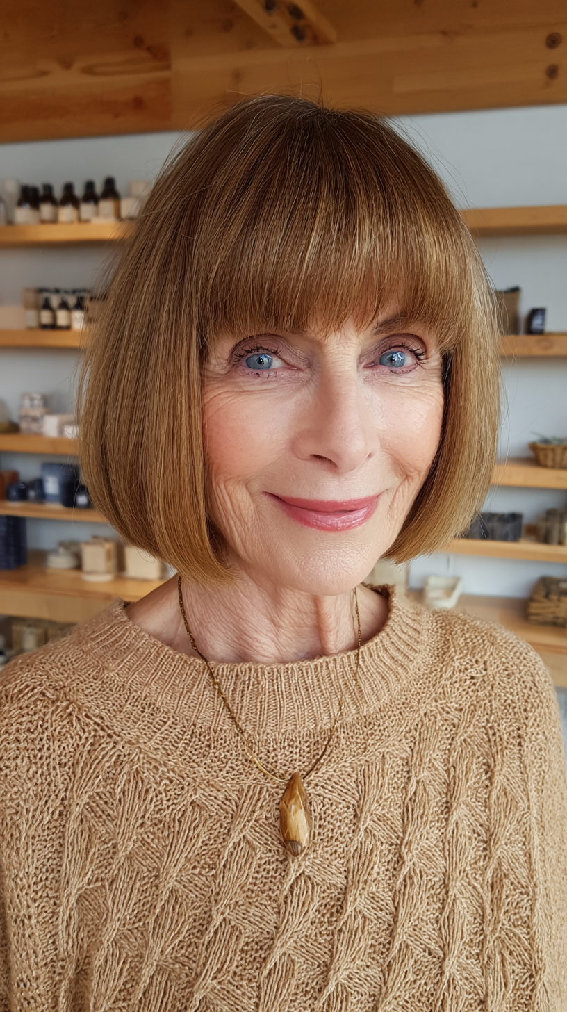 Caramel chin length bob with full straight fringe