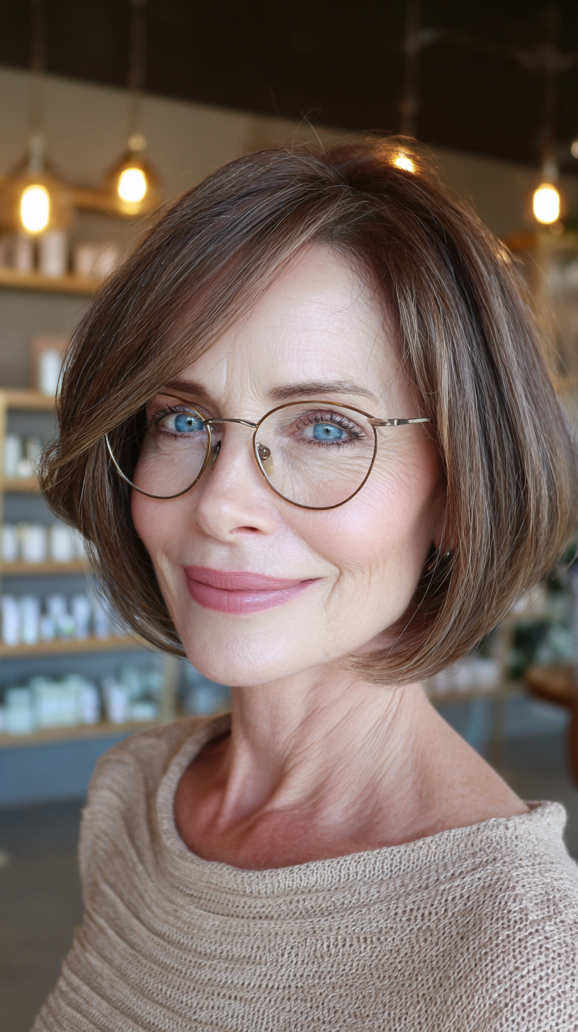 Chestnut bob with caramel highlights and soft bangs