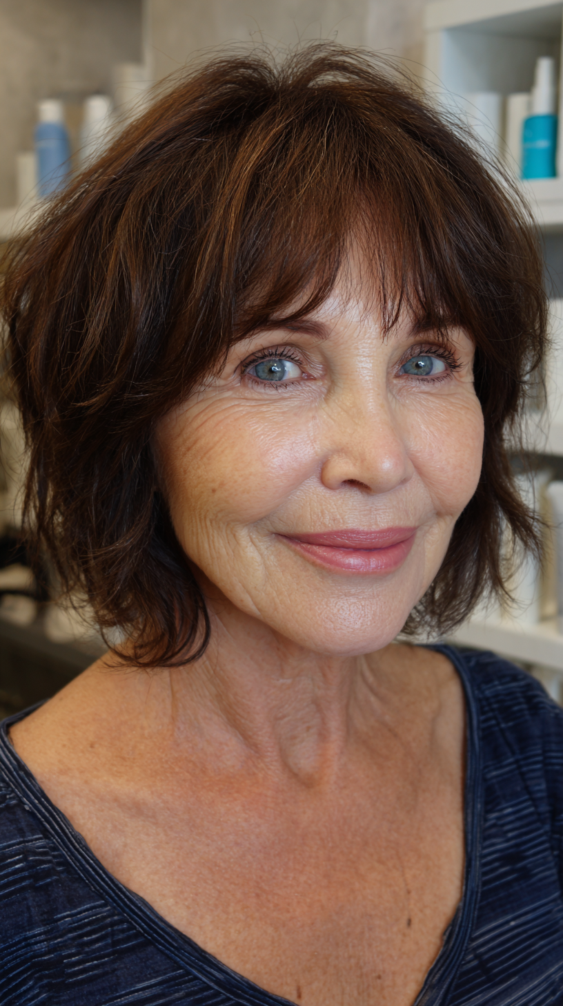 Chocolate brown shaggy layered bob with textured bangs