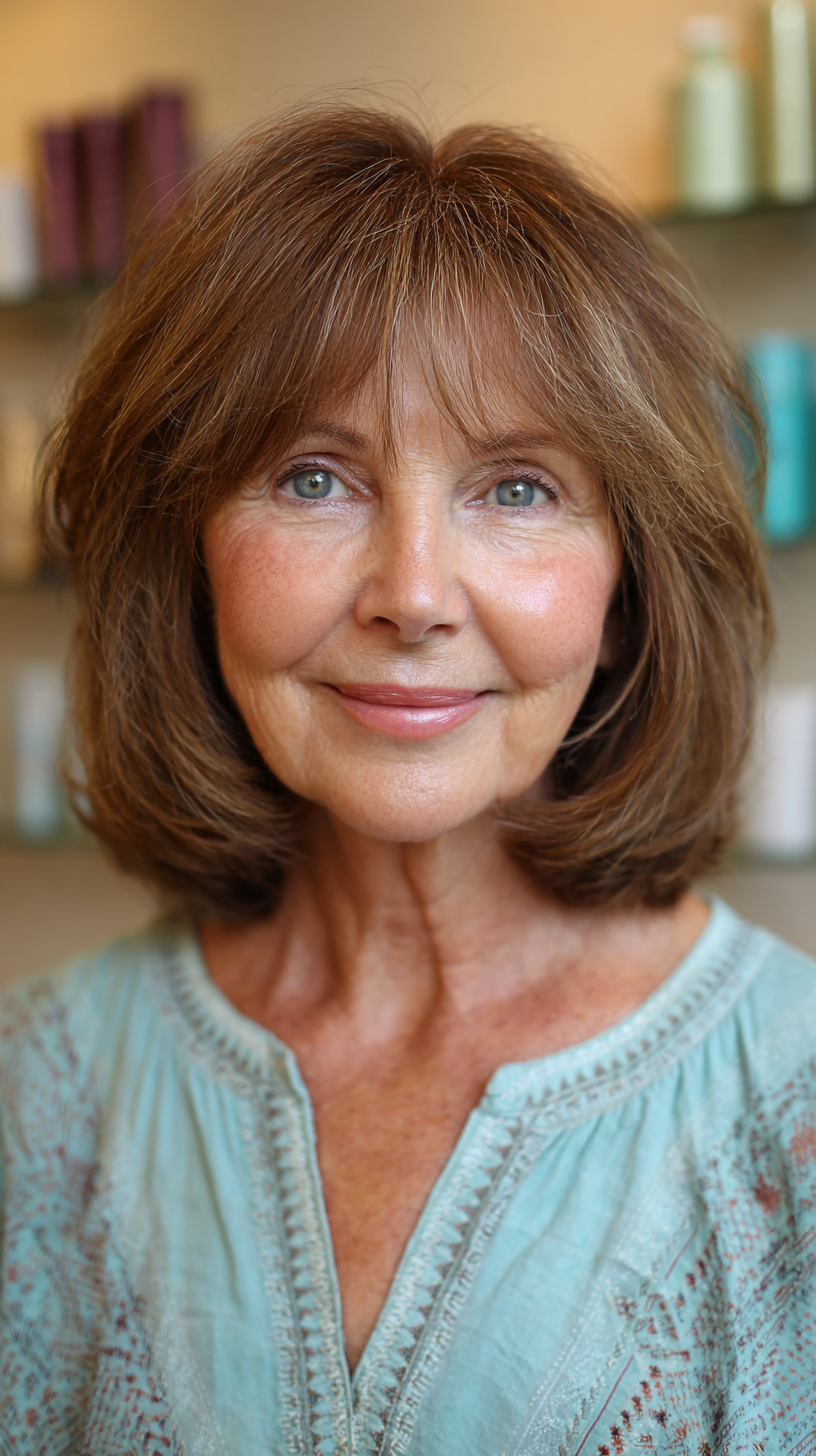 Medium brown chin-length bob with wispy side bangs