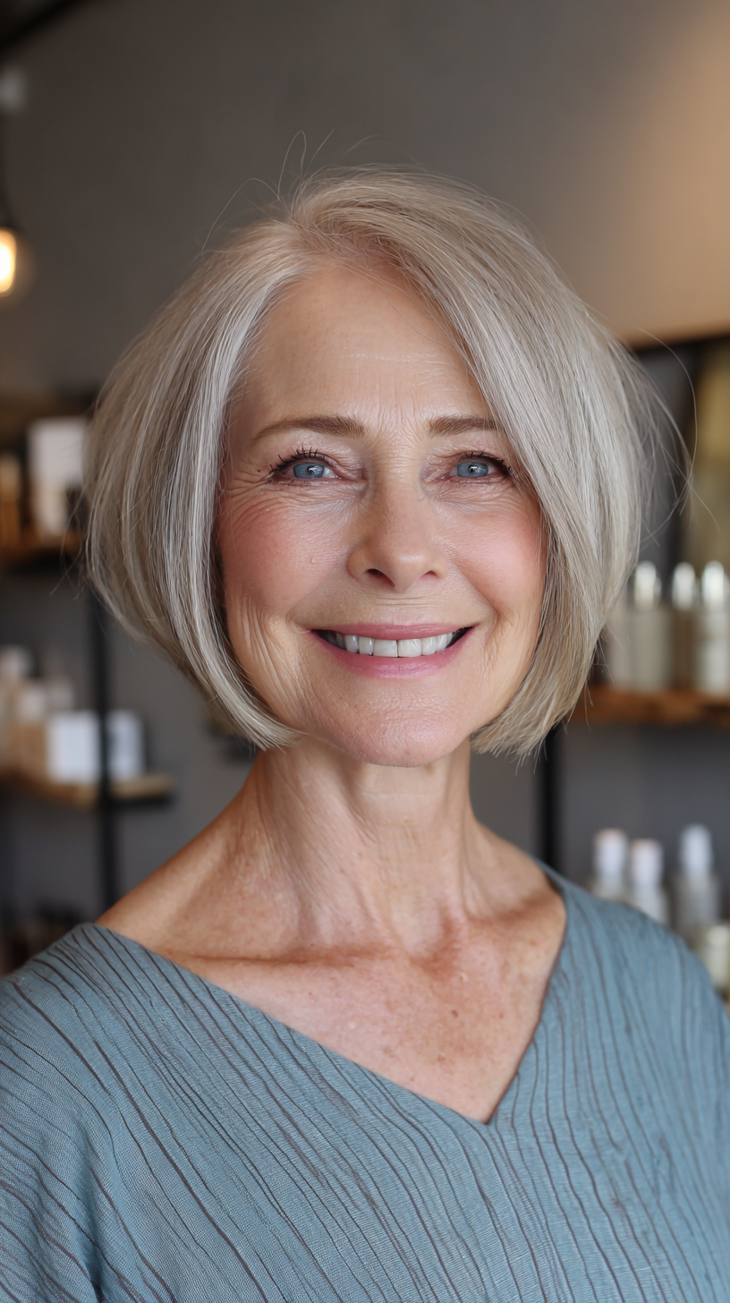 Cool silver textured chin length bob with layers
