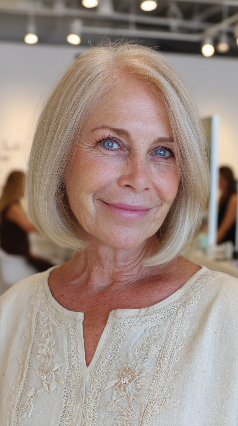 Creamy blonde straight chin length bob