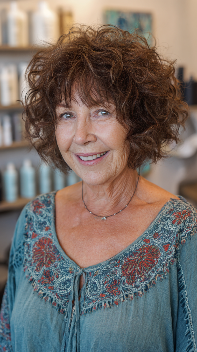 Curly brunette shag bob with natural ringlet texture