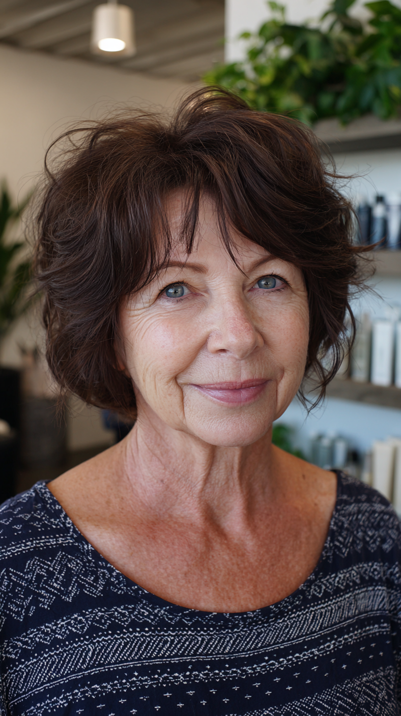 Dark brunette short tousled shag bob with piecey bangs