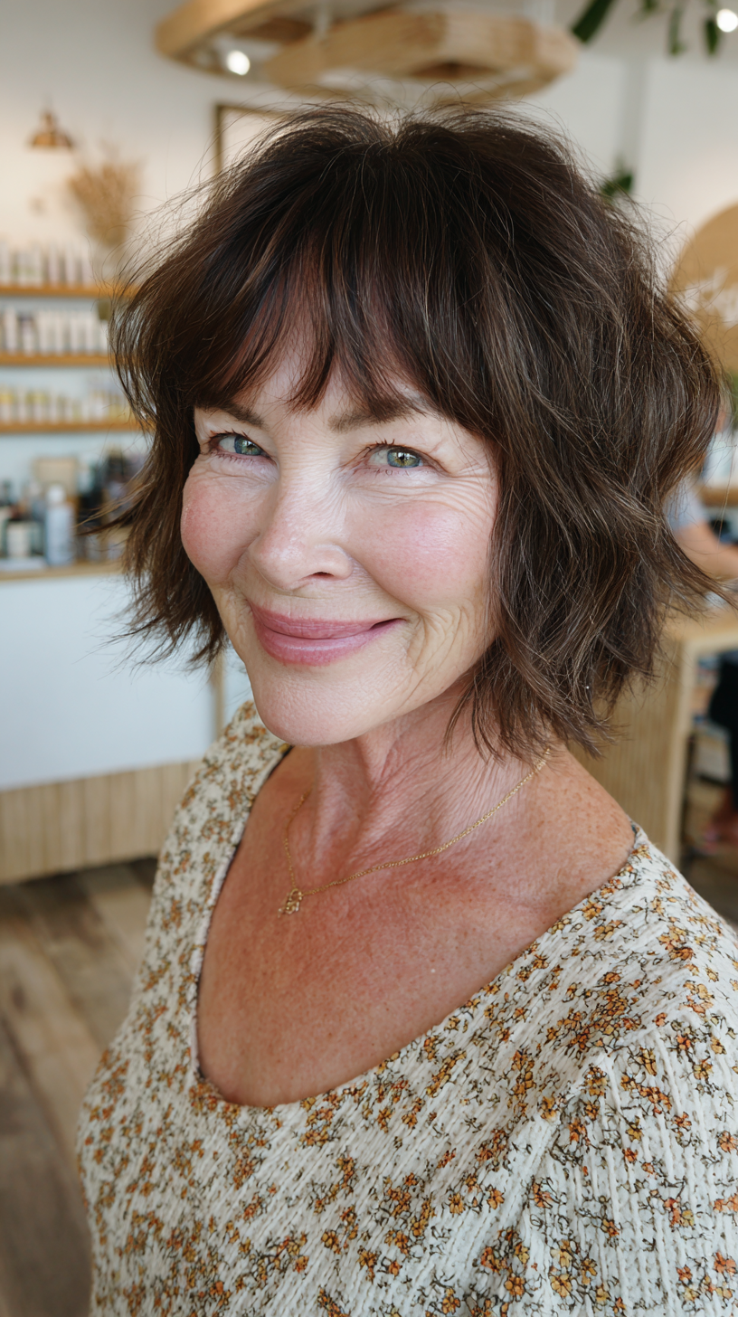 Dark chocolate brown wavy shaggy bob with soft full bangs