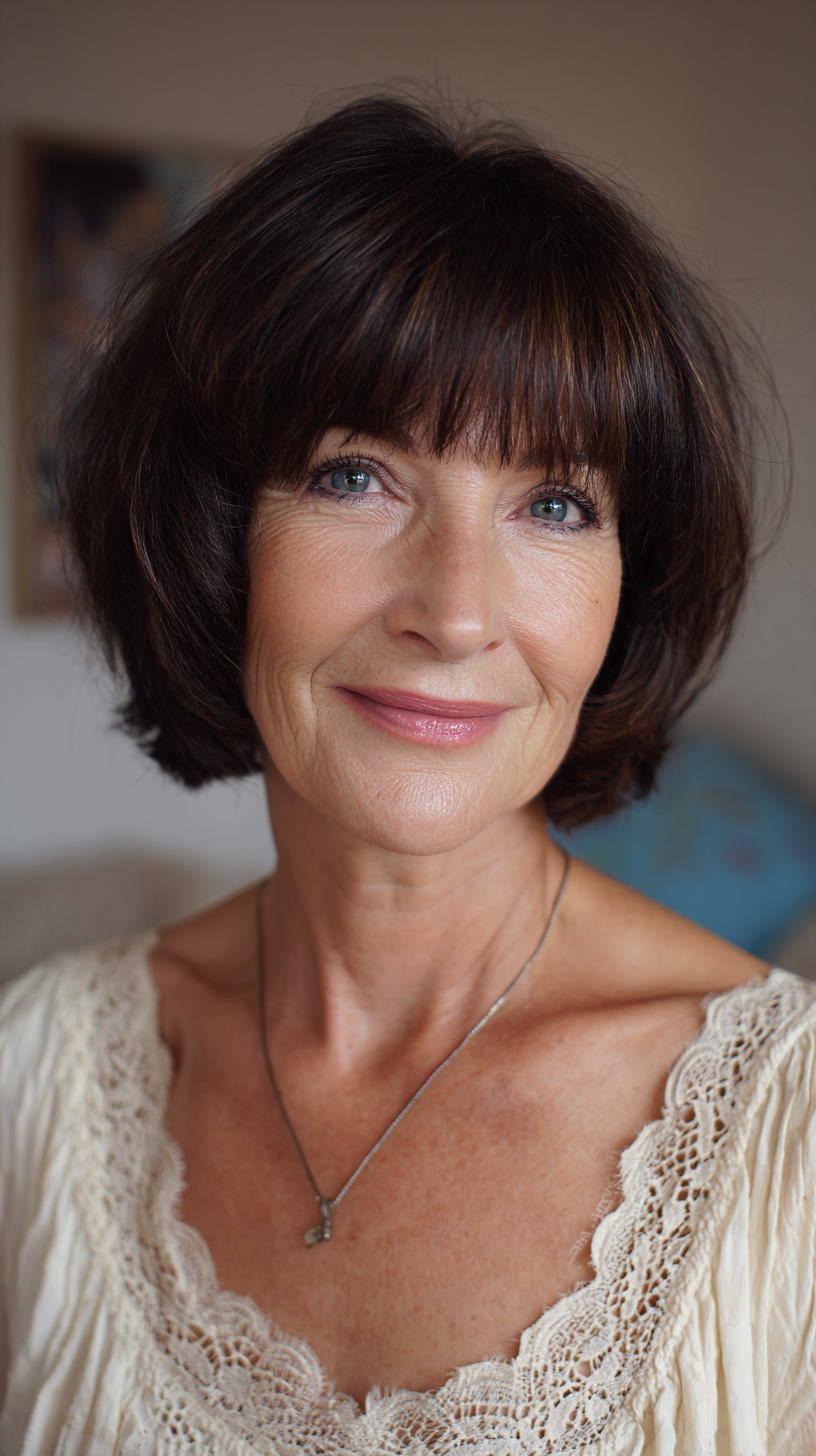Dark brown French-style shaggy bob with full bangs