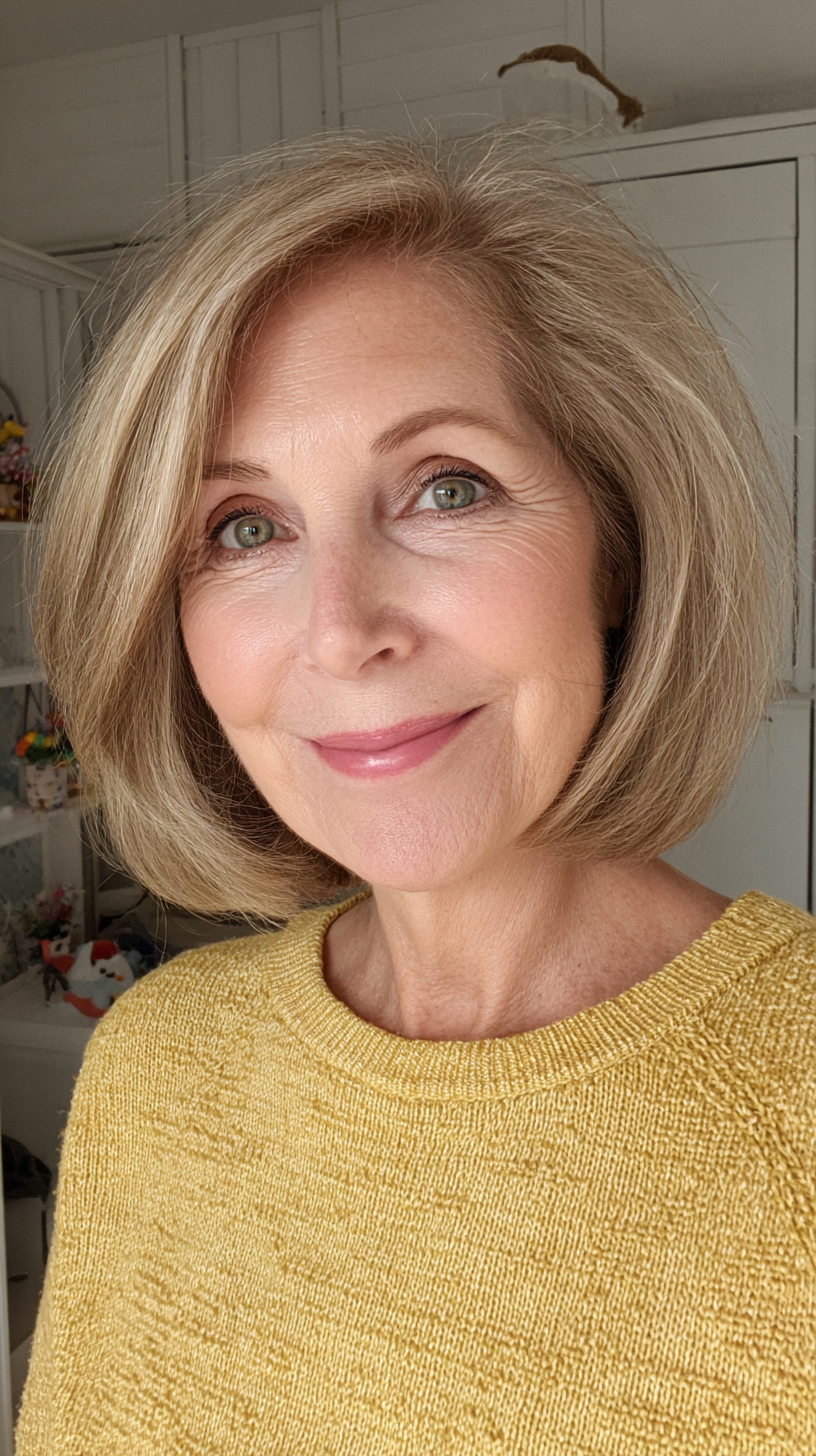 Dimensional blonde chin bob styled with a blowout