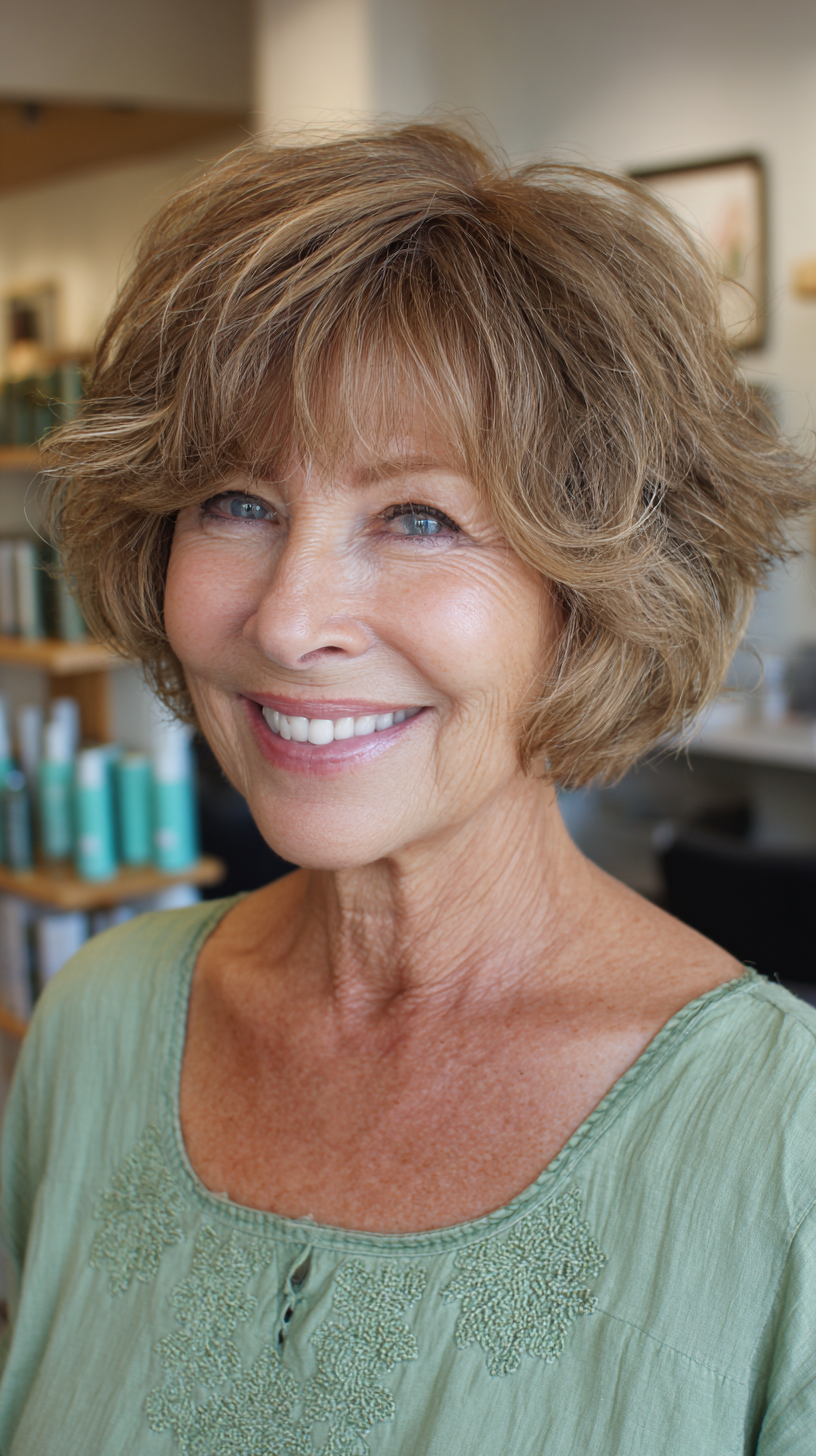Golden bronde shaggy bob with flipped ends and bangs