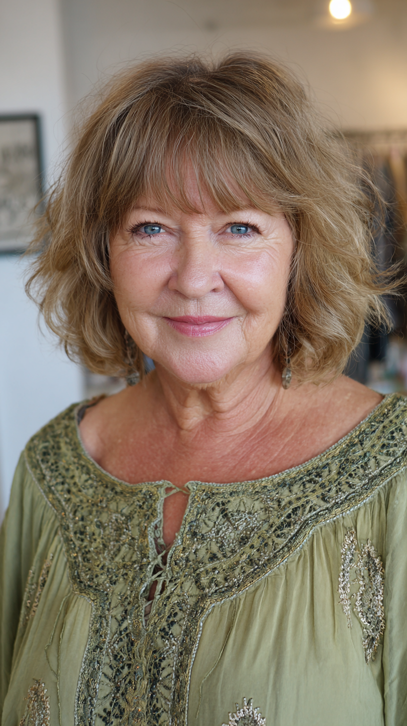Honey blonde soft wavy shaggy bob with shaggy fringe