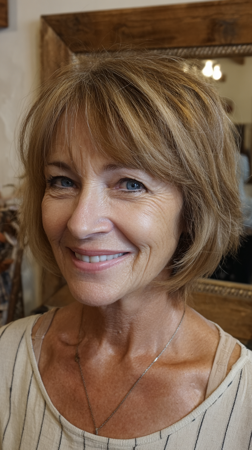 Honey caramel shaggy bob with side-swept textured bangs