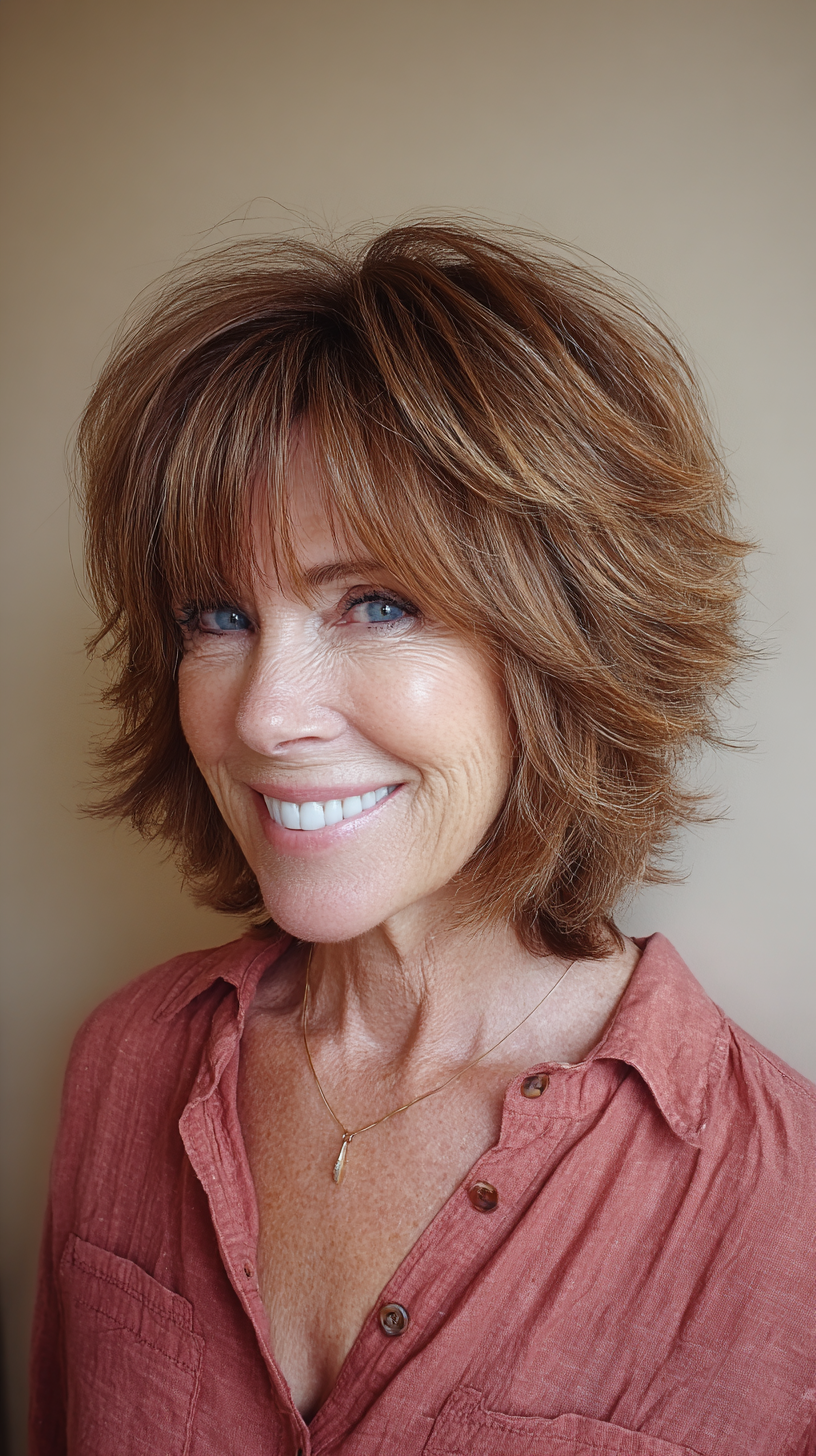 Layered auburn shag bob with feathered face-framing