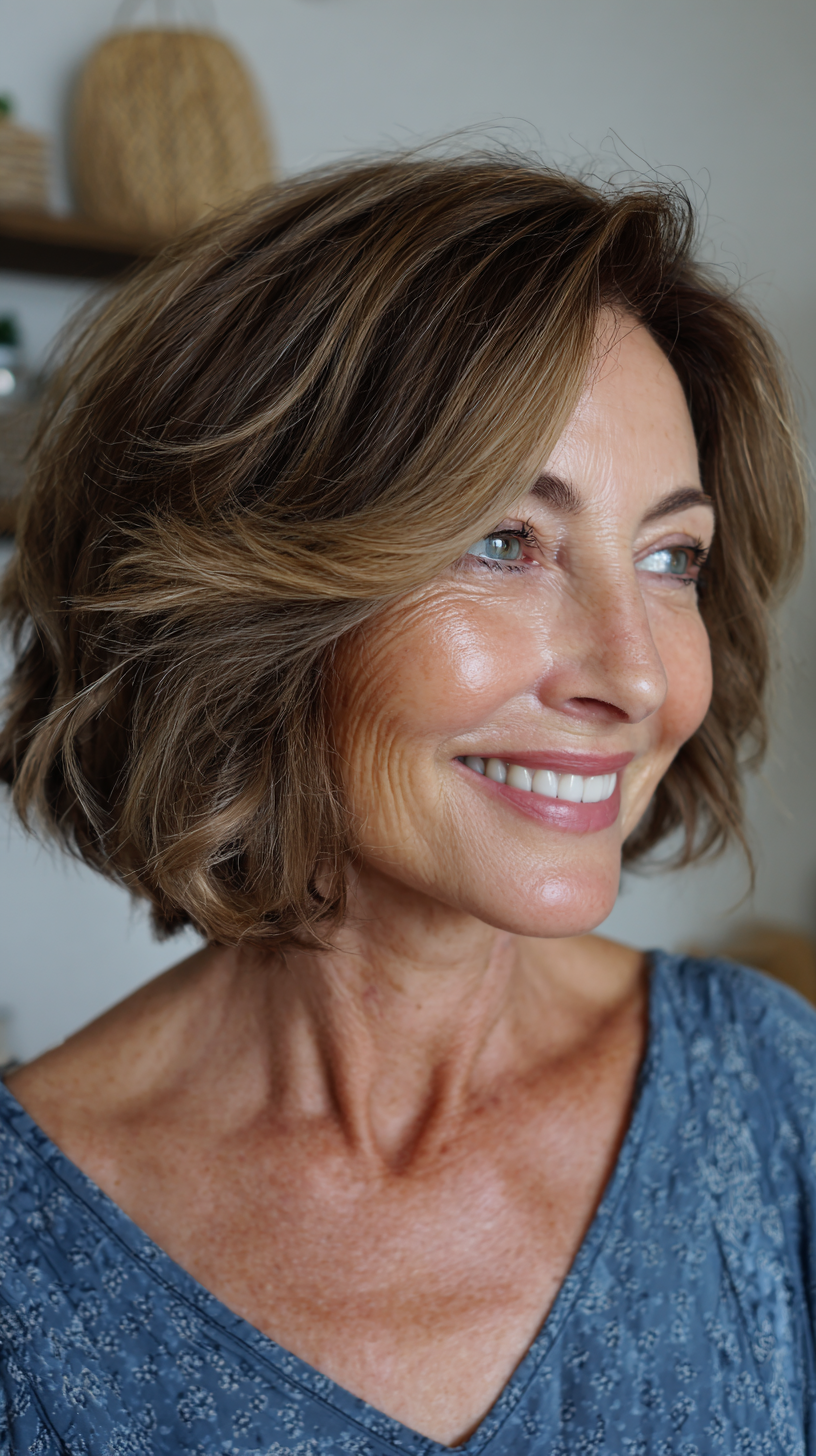 Layered bronde chin length bob with flipped ends