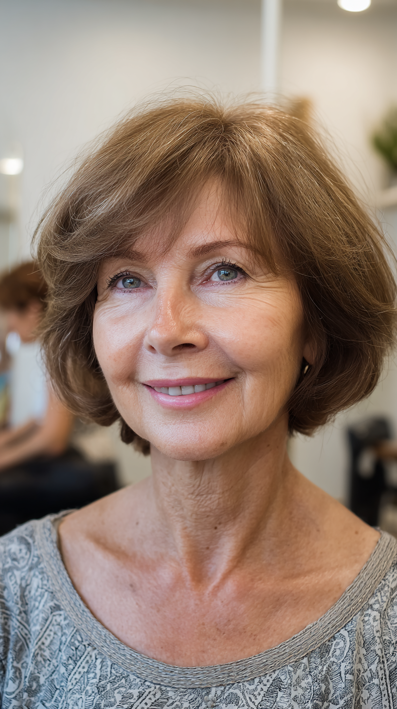 Light brown feathered chin length bob with bangs