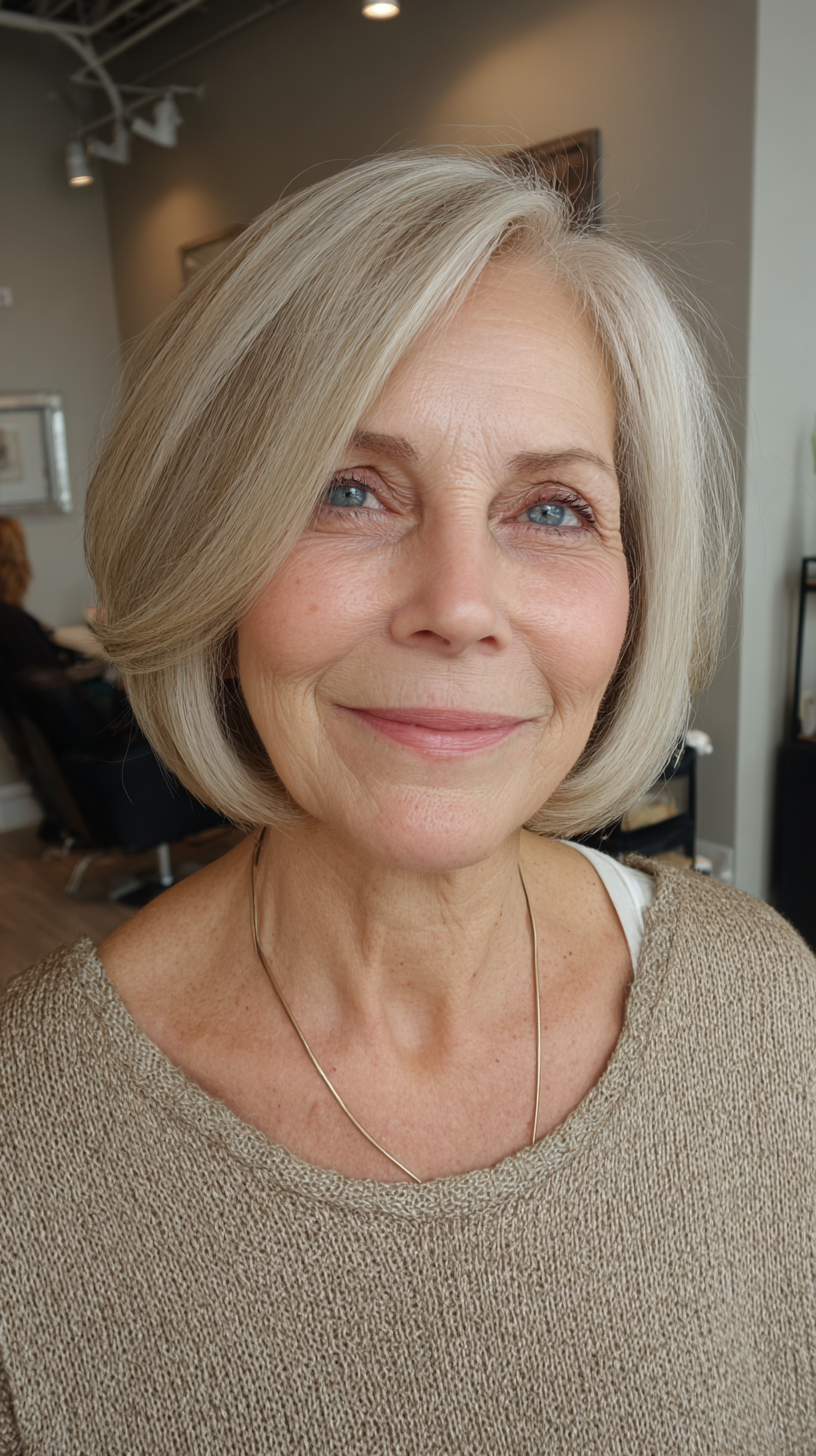 Sleek platinum blonde chin bob with side part