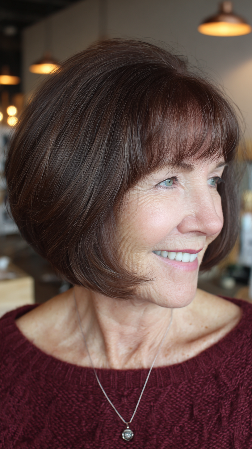 Rich brunette chin bob with full fringe, side view