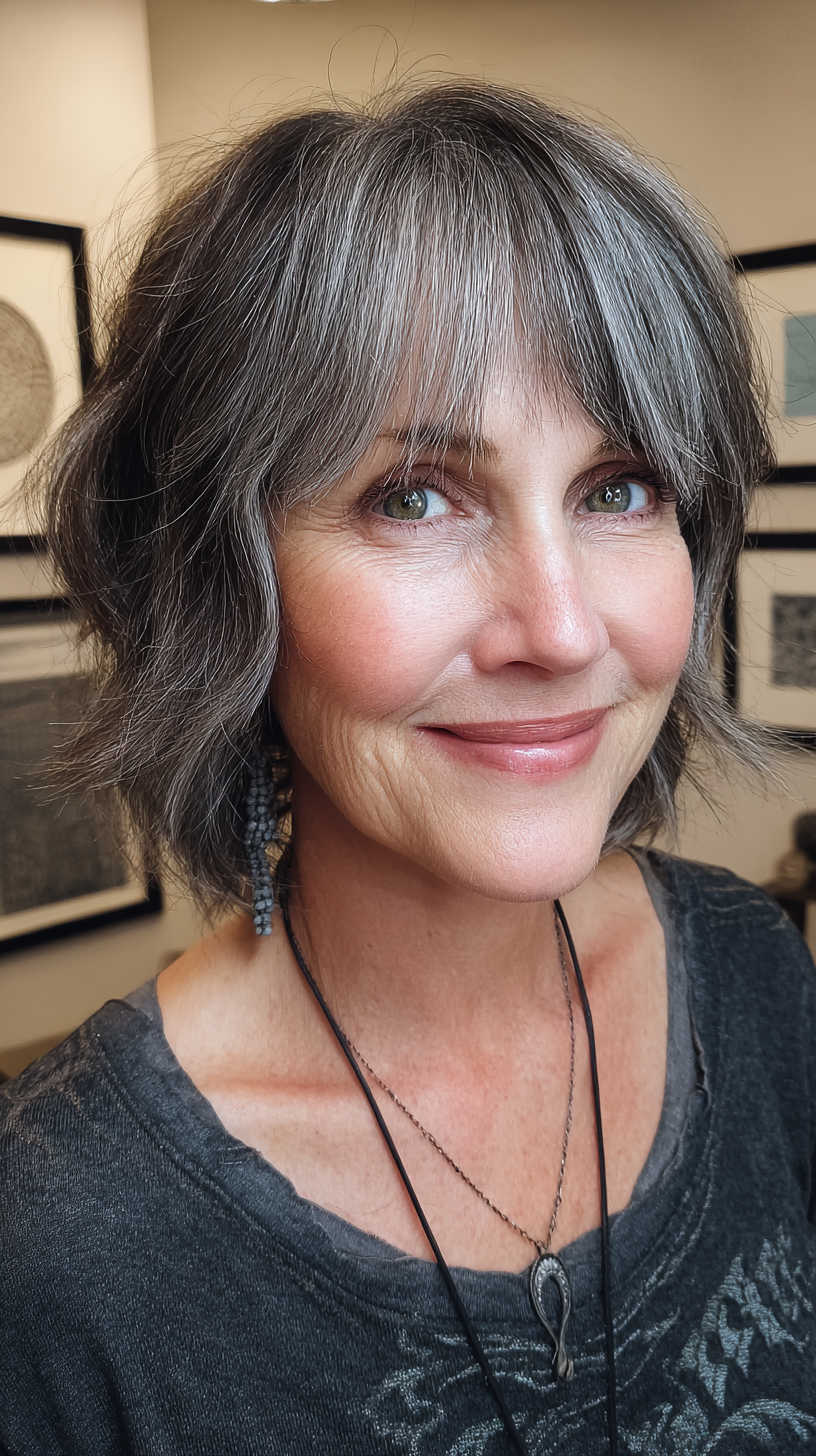 Salt-and-pepper shaggy bob with feathered bangs