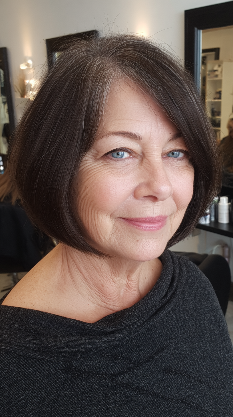 Salt-and-pepper chin bob with deep side part