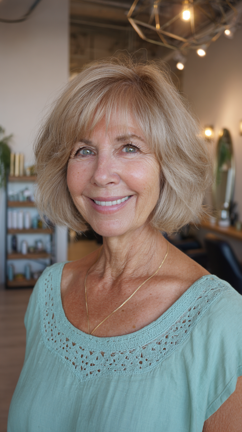 Sandy blonde chin length bob with salon blowout