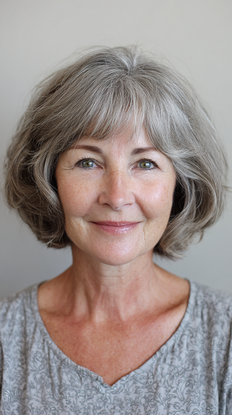 Silver-grey rounded shaggy bob with curtain fringe