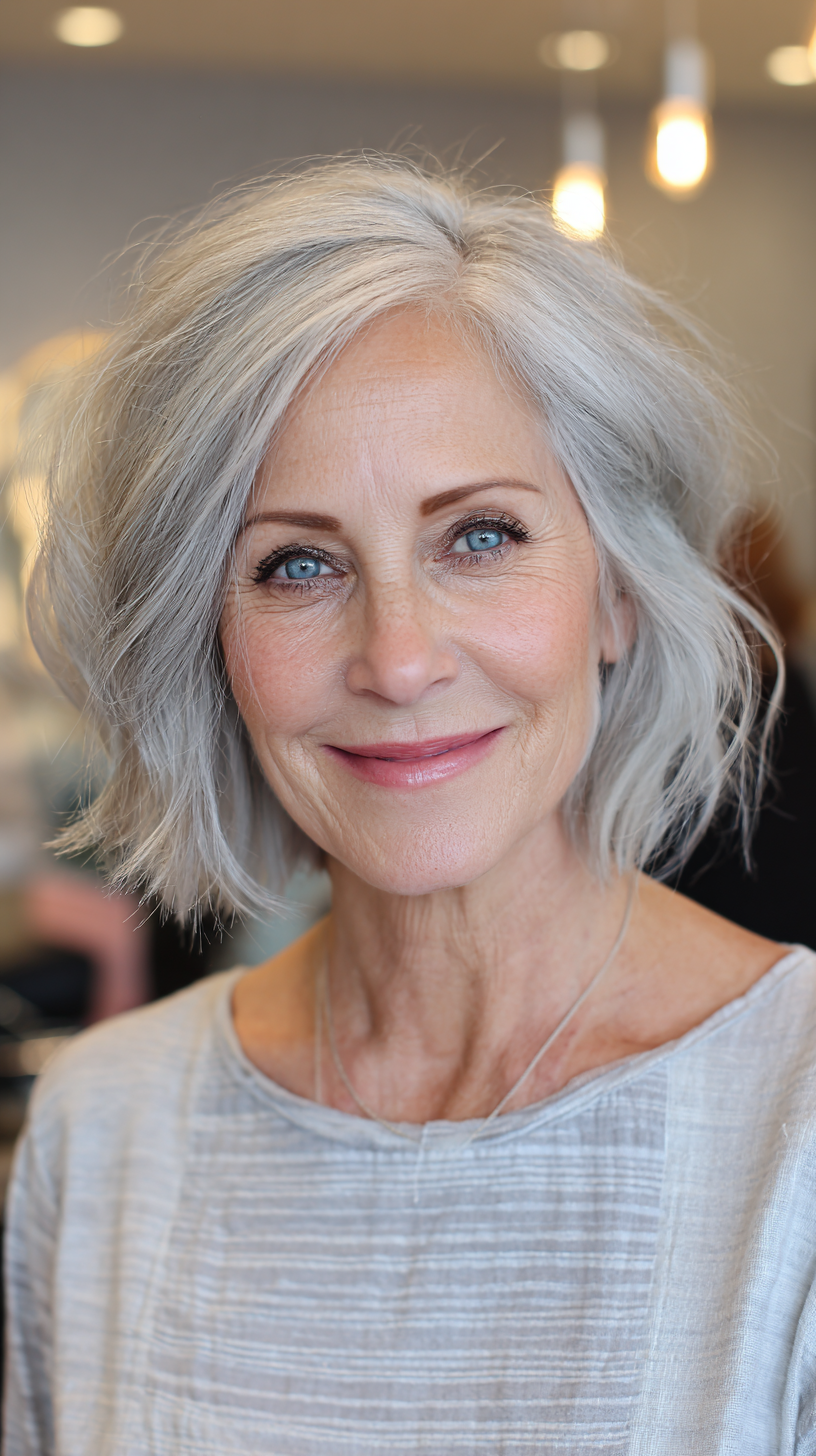 Silver tousled chin length bob with side-swept fringe