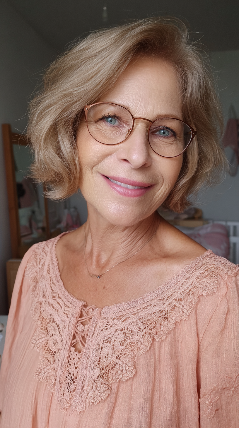 Soft ash blonde wavy chin bob with round glasses