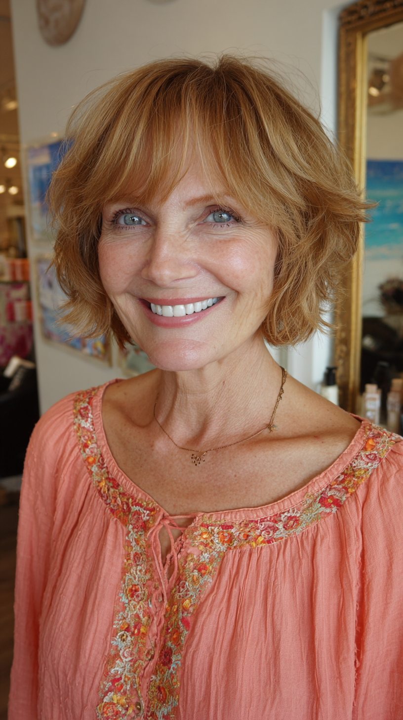 Strawberry blonde shaggy bob with tousled choppy bangs