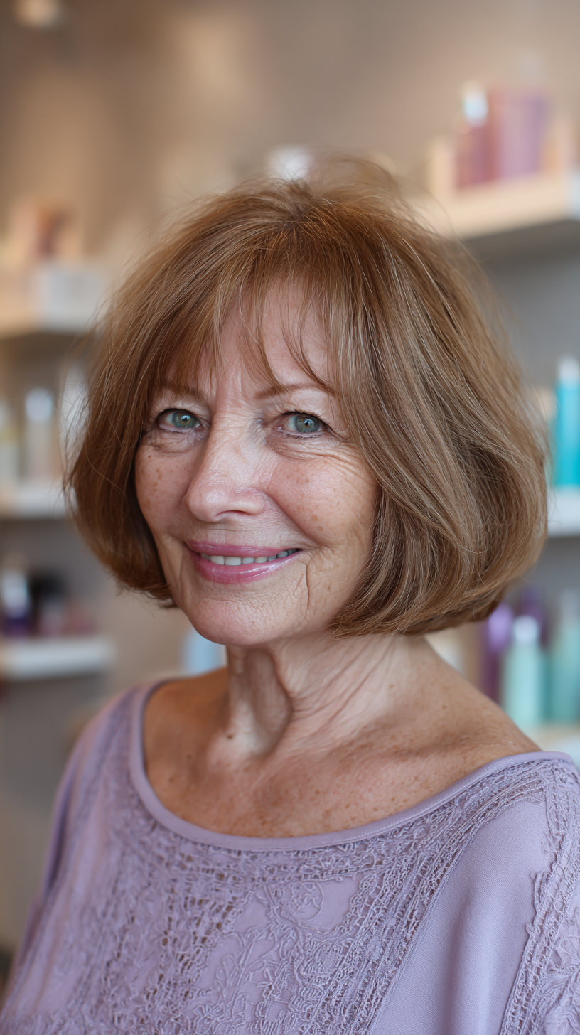Rounded strawberry brunette chin bob with bangs