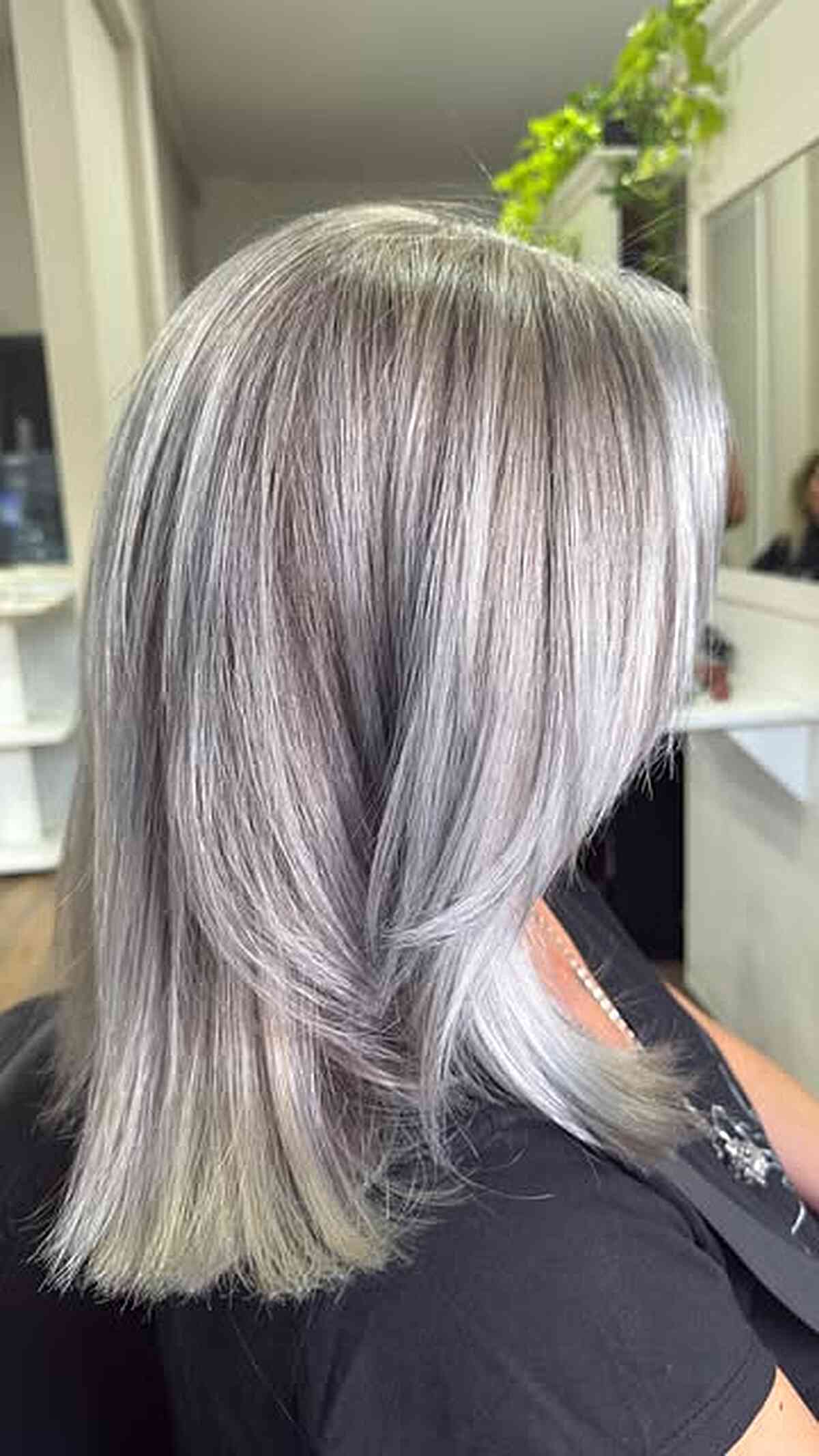 Stylish Smoky Silver Mid-Length Hair