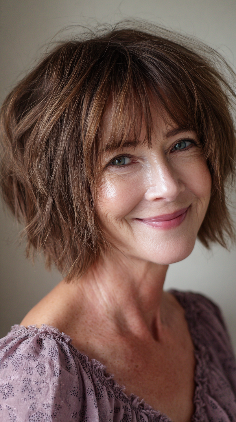 Tousled chocolate brown chin-length bob with wispy bangs