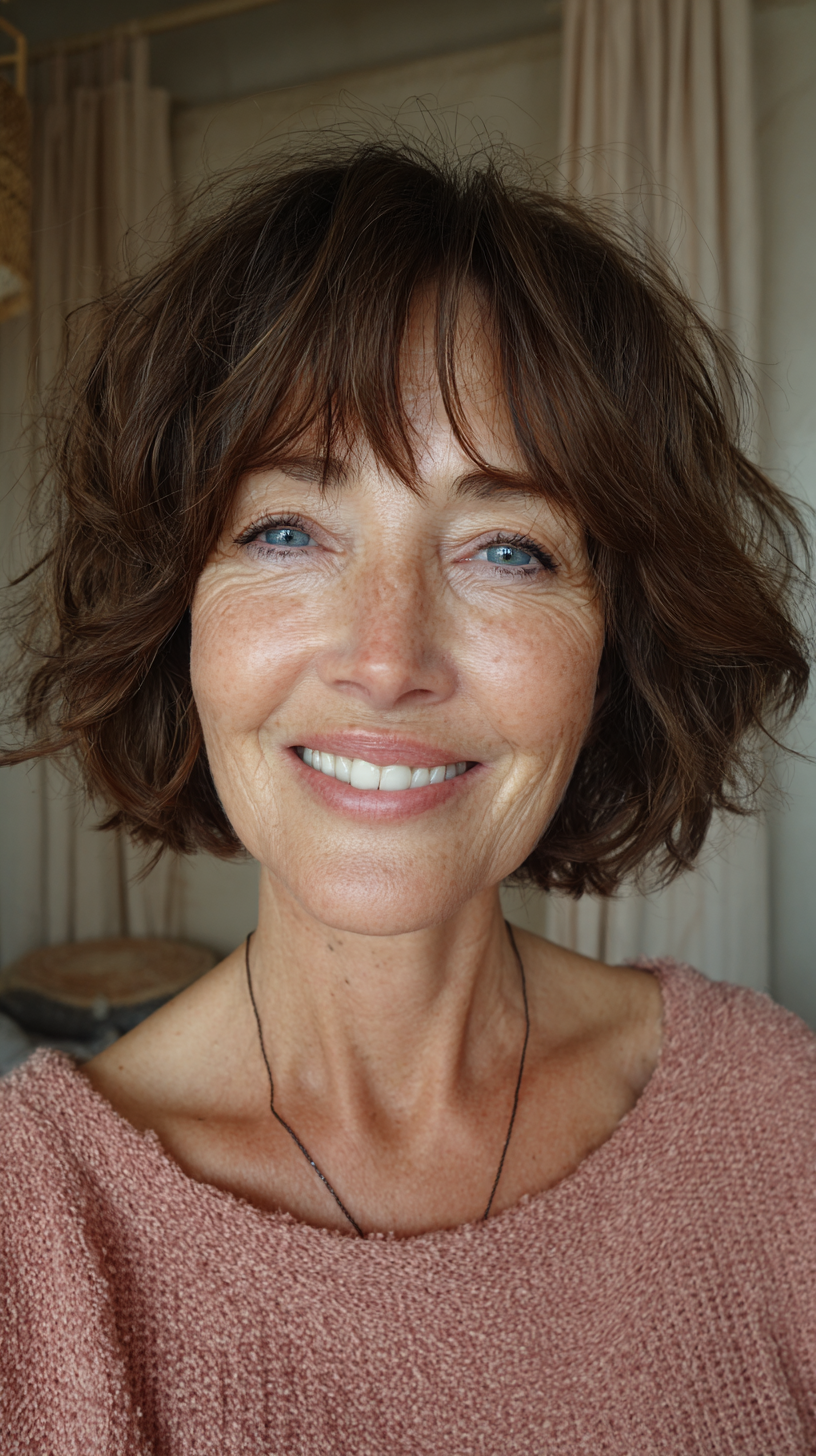 Tousled dark chocolate shag bob at chin length