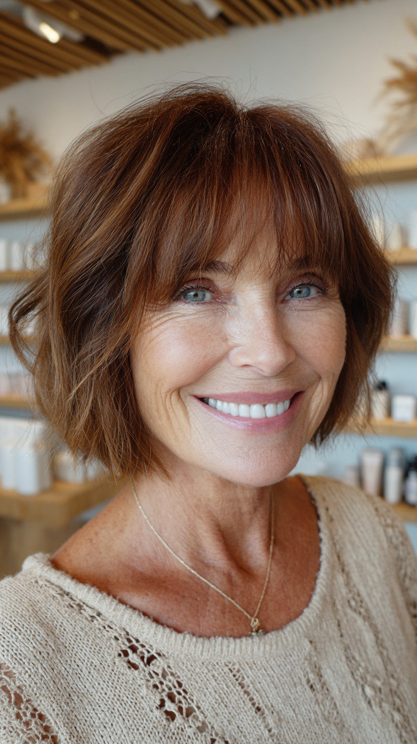 Warm auburn choppy chin bob with bangs