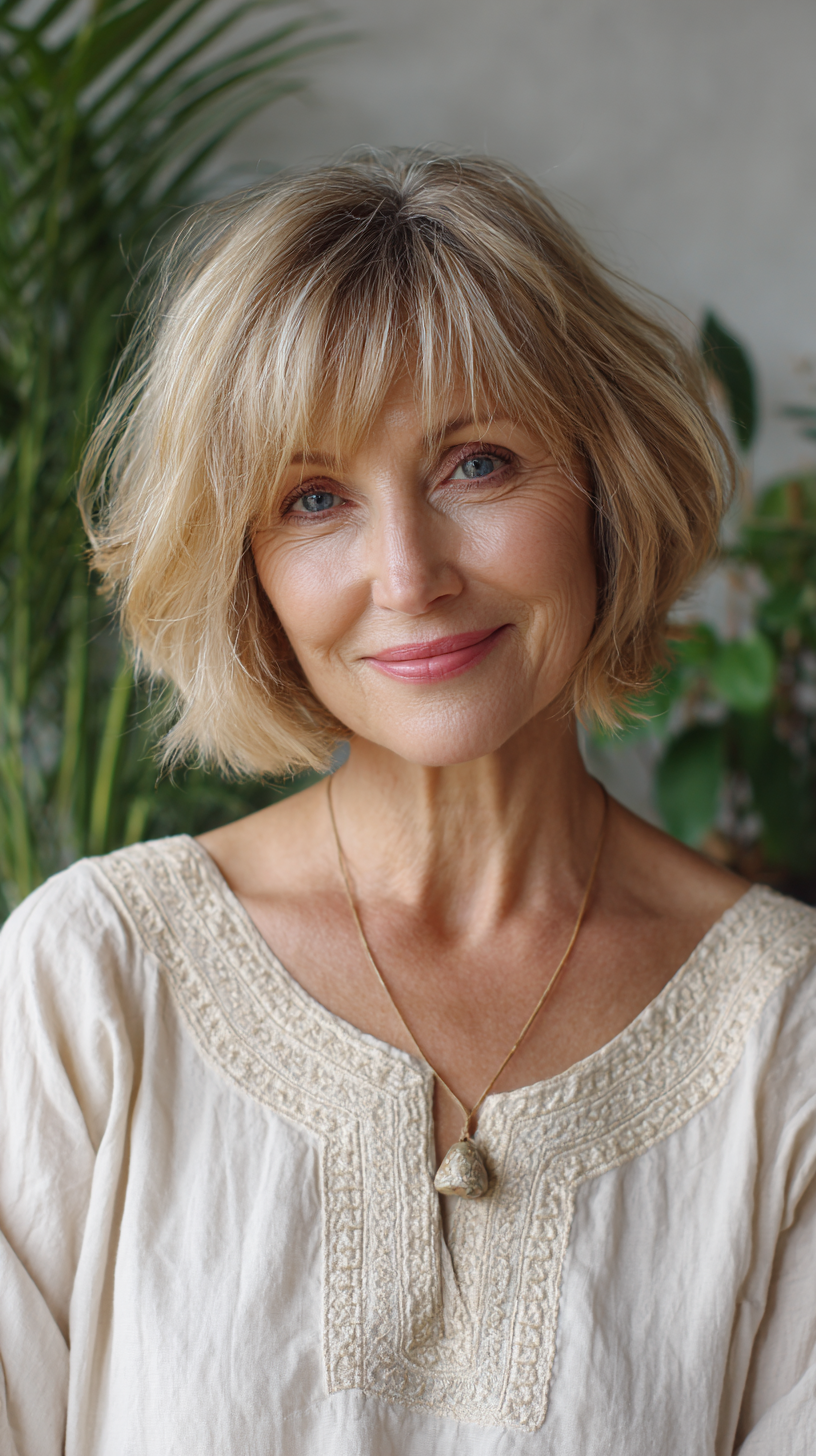 Warm blonde chin-length shaggy bob with soft fringe