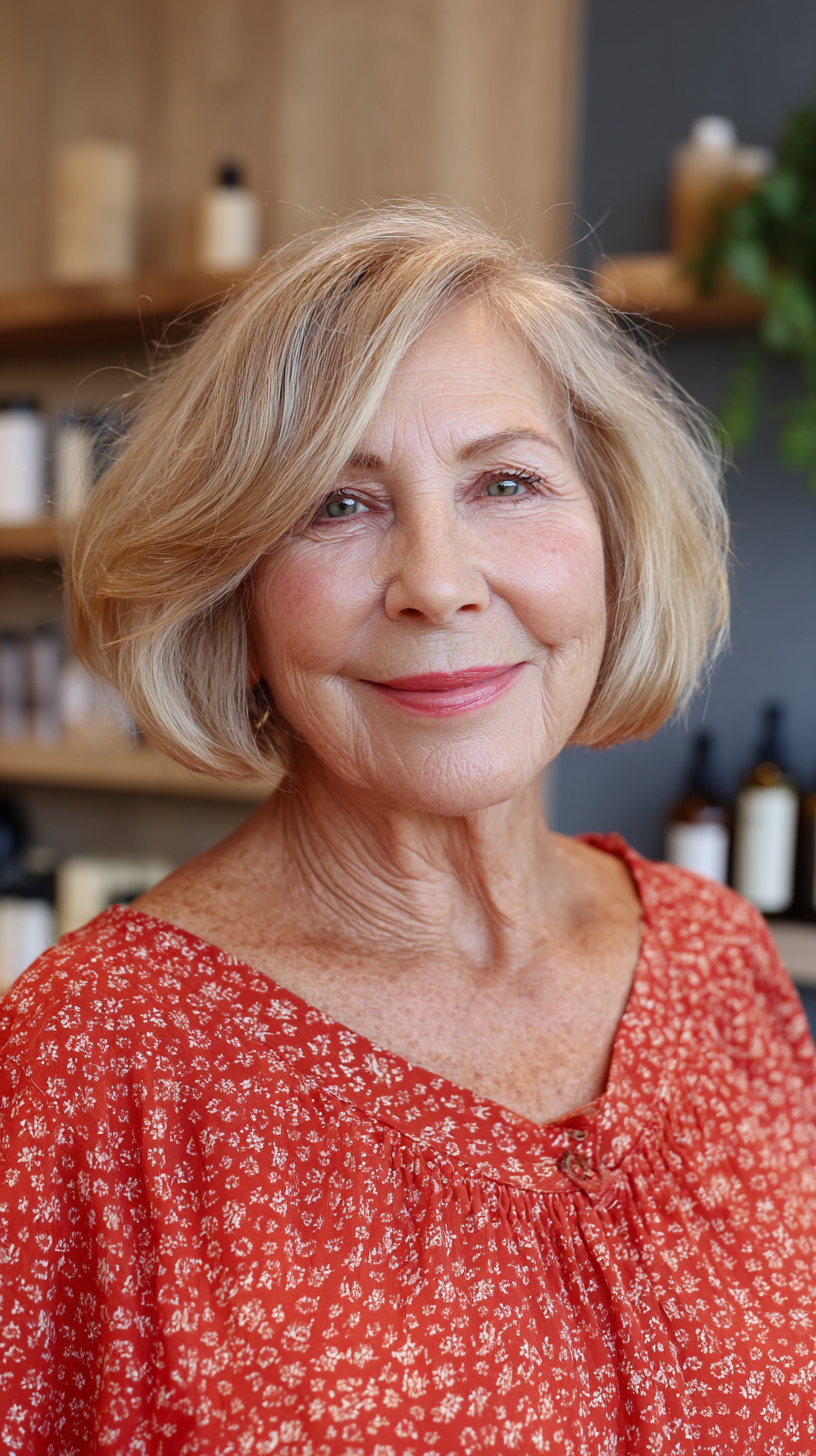 Warm blonde chin length bob with a gentle wave