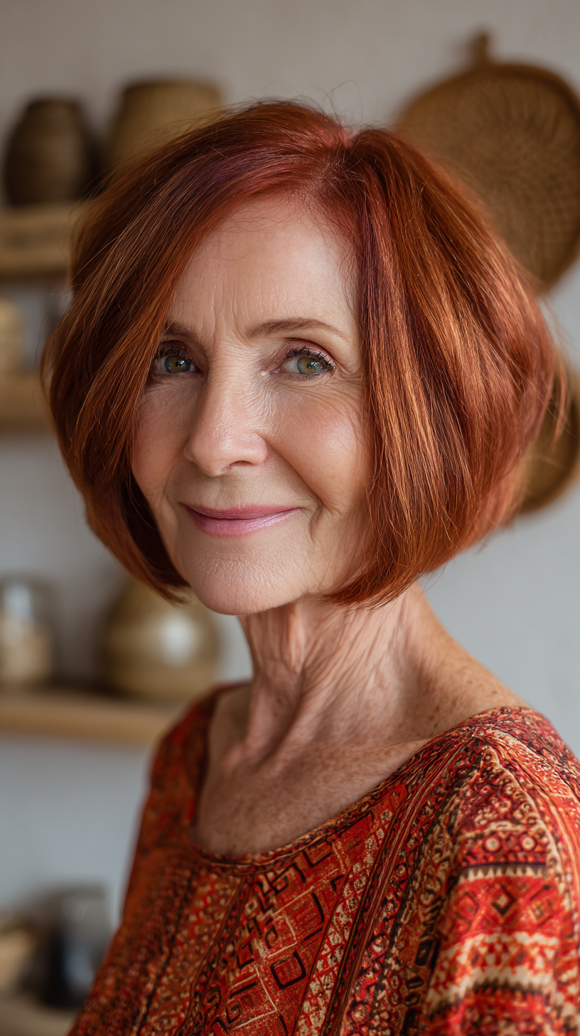 Warm copper chin length bob with subtle volume