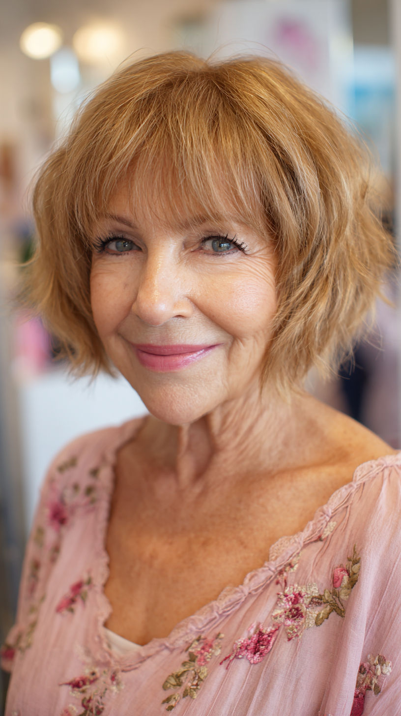 Warm copper shaggy bob with soft feathered bangs
