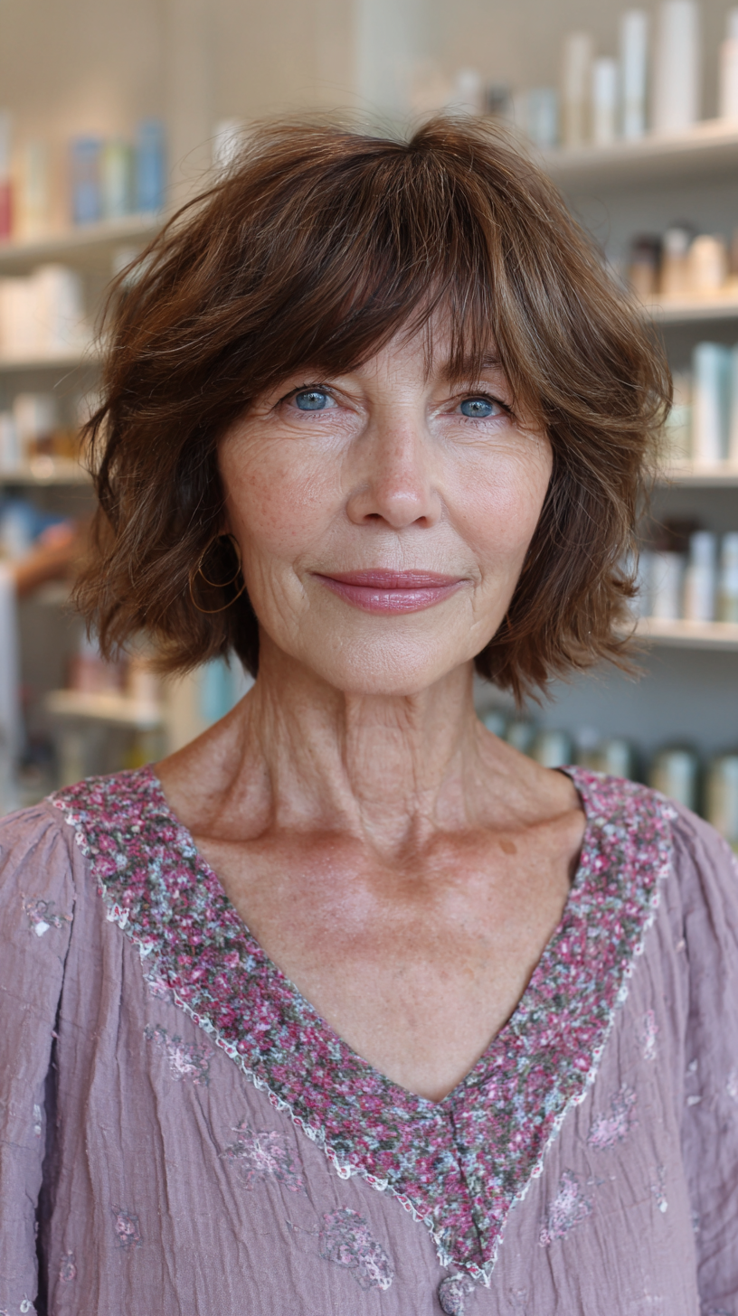 Wavy chestnut brown shaggy bob with curtain bangs