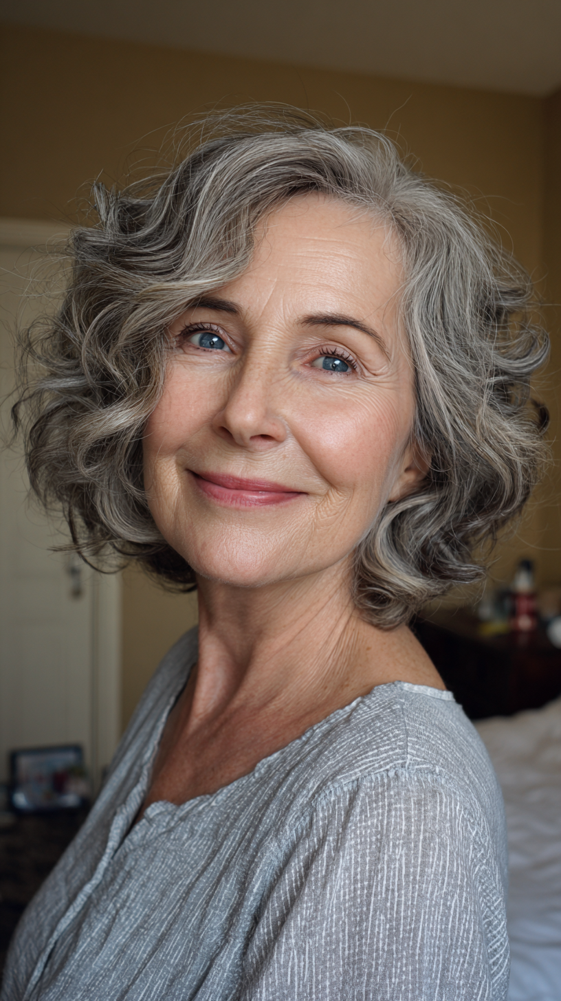 Wavy silver and gray chin length bob with curls