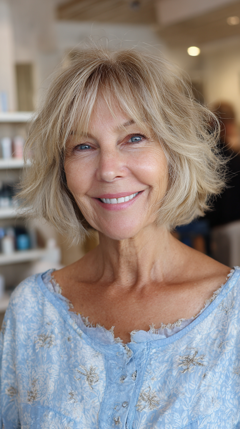 Ash blonde windswept shaggy bob with tousled bangs