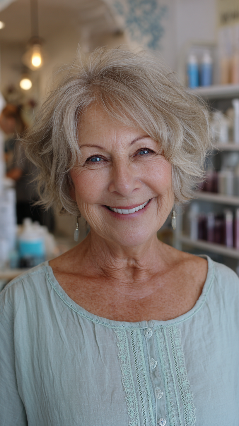 Short ash blonde choppy shag with windswept movement