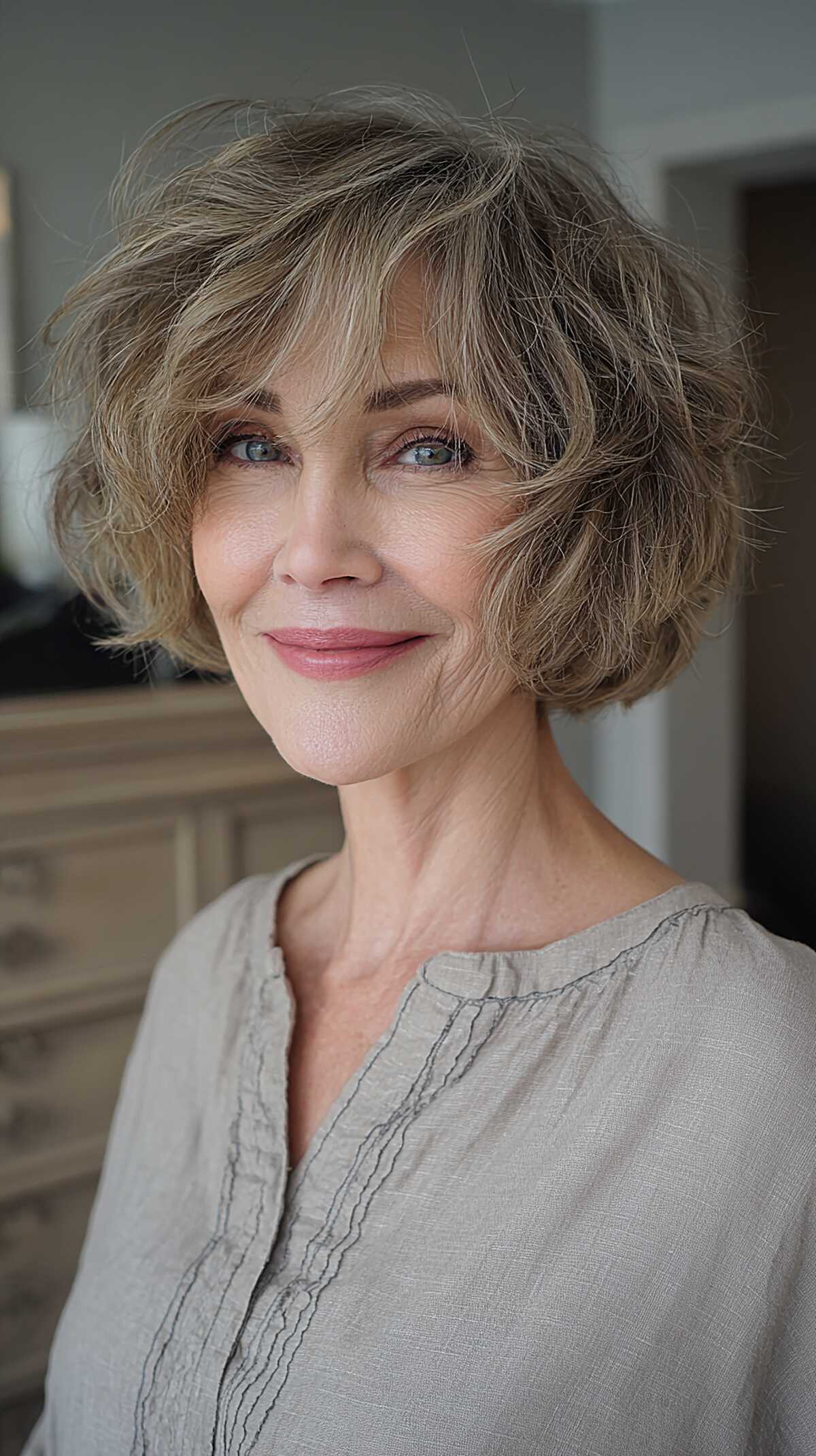 Ash brunette choppy bob with feathered soft layers