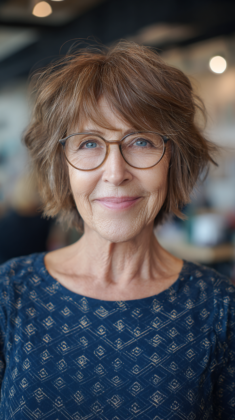 Chin-length auburn choppy shag with fringe and glasses