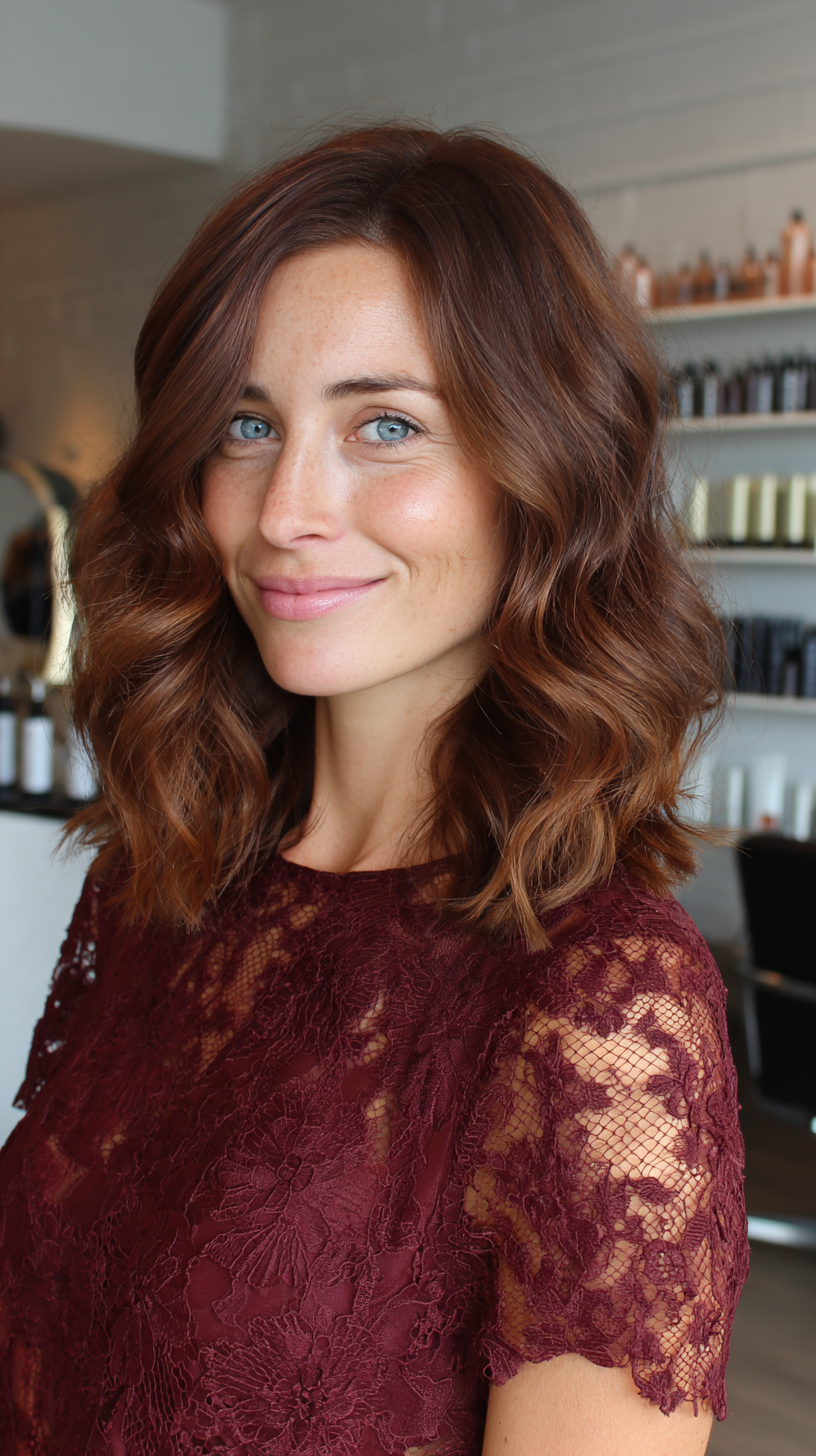 Rich auburn shoulder-length wavy hair with polished shine