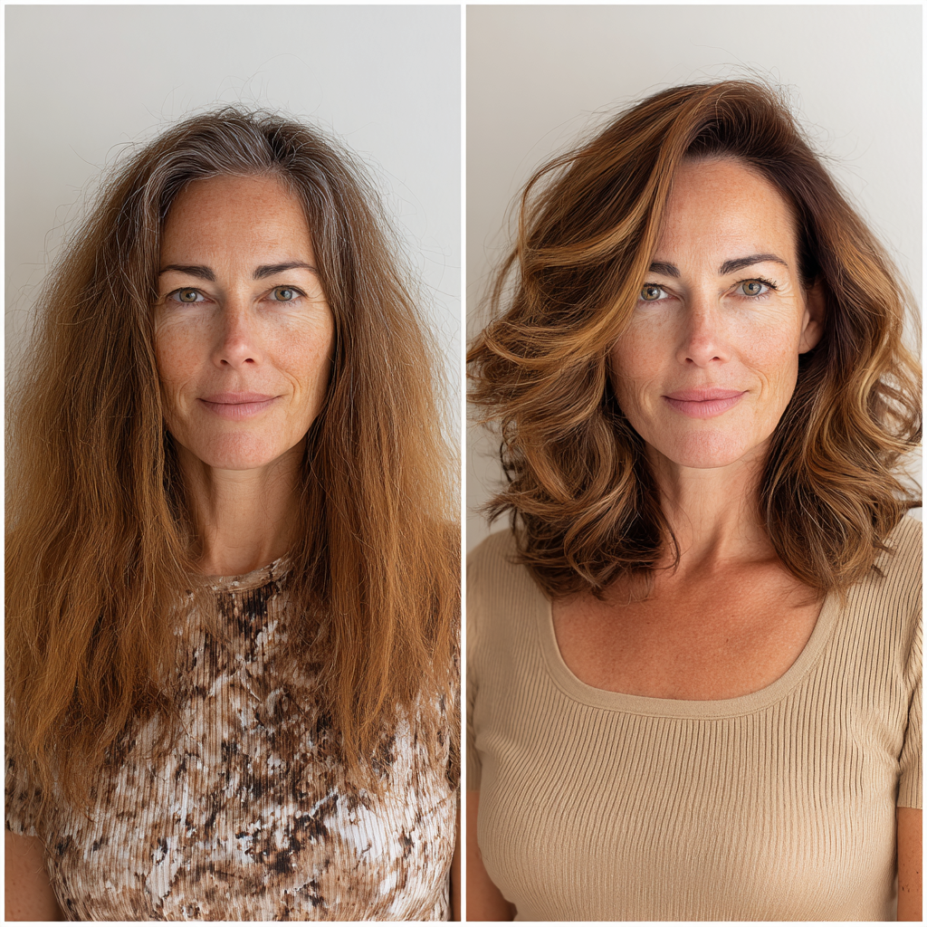 Before and after of frizzy hair transformed to polished waves