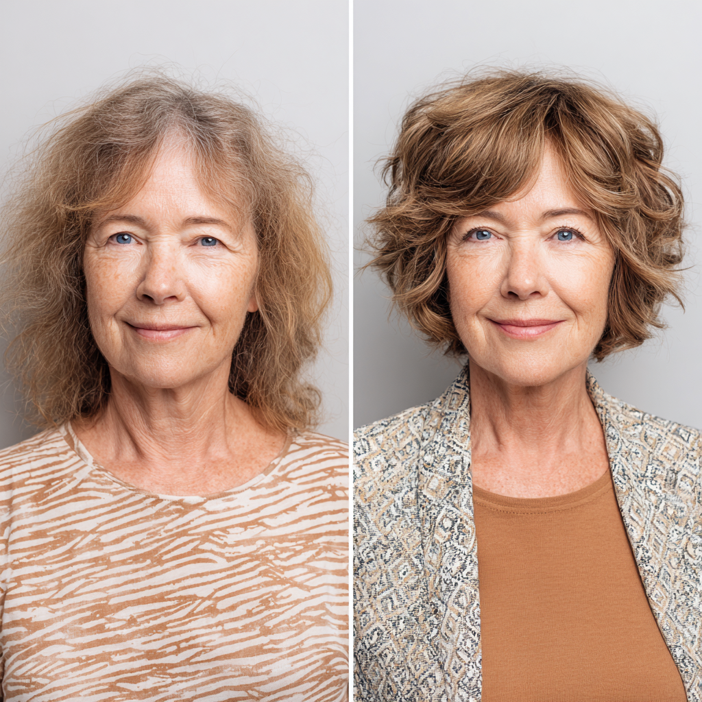 Before and after curly choppy shag transformation