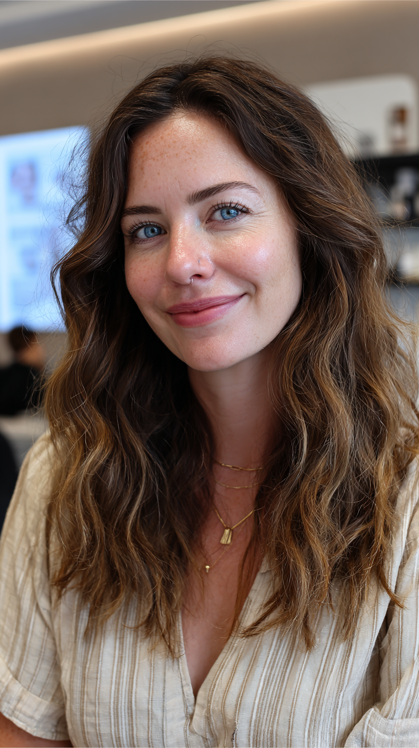 Long wavy dark brown hair with subtle highlights and texture