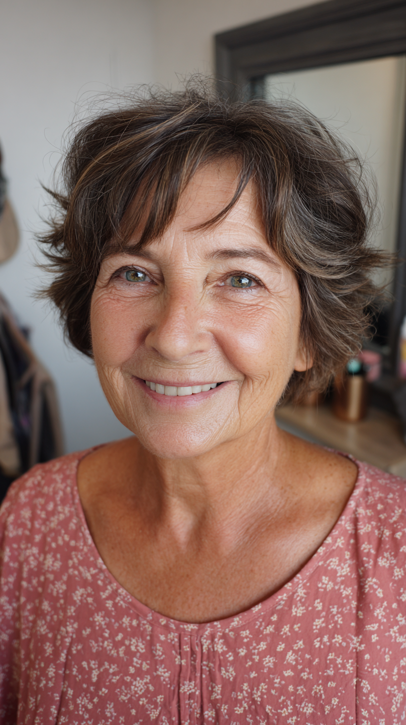 Short brunette choppy pixie shag with windblown look